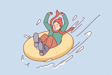 Happy child riding on inflatable ring from winter mountain. Smiling kid have fun enjoy holiday activities outdoors. Vector illustration. 