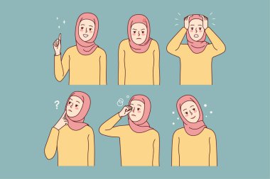 Set of young woman in hijab. Collection of Muslim female in traditional clothes showing different emotions. Vector illustration. 
