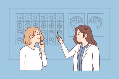 Kadın doktor, hastanedeki düşünceli kadın hastaya beyin görüntülerini gösteriyor. Nörolog klinikteki hastaya danışıyor. MRI ve nöroloji. Vektör illüstrasyonu. 