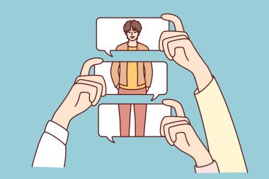 Elleri baloncuklu mesajlar tutan insanlar insan görünüşü hakkında yorum yapıyorlar. İsimsiz yorumlar ve internette olumsuz görüşler paylaşımı. Vektör illüstrasyonu. 