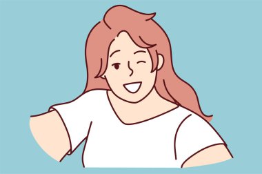 Gülümseyen genç kadın kamerada selfie çekiyor. Mutlu kız cep telefonuyla kendi portresini çekerken iyi eğlenceler. Vektör illüstrasyonu. 