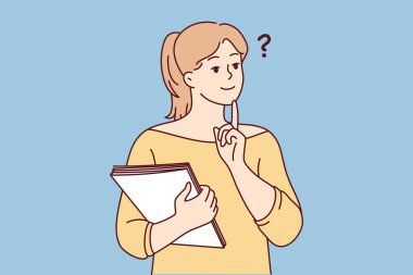 Belgeleri olan düşünceli genç bir kadın karar ya da plan yapar. Düşünceli kız düşünüyor ve beyin fırtınası yapıyor. Vektör illüstrasyonu. 