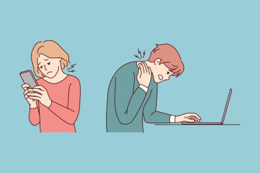 Cihazlar üzerinde çalışan insanlar boyun problemlerinden muzdariptir. Kullanıcılar alet bağımlısı sırt ağrısı ya da omurilik spazmı ile mücadele ediyor. Oturma pozisyonu sorunu. Vektör illüstrasyonu. 