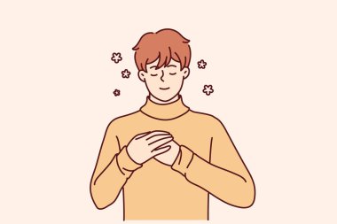 Göğsünde elleri olan mutlu genç adam olumlu ve iyimser hissediyor. Gülümseyen adam zihinsel sağlığın ve iyileşmenin tadını çıkarıyor. Vektör illüstrasyonu. 