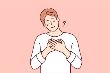 Mutlu genç adam, minnet ve minnettarlık duyarak elini göğsüne koy. Gülümseyen adam minnettarlığını ve minnettarlığını gösterir. Vektör illüstrasyonu. 