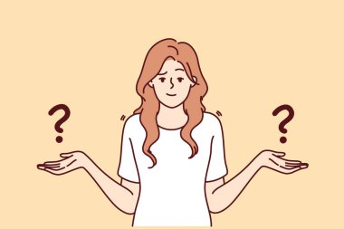 Kafası karışmış bir kadın karar verirken ya da seçim yaparken hayal kırıklığına uğrar. Sıkıntılı kadınların karar verme ya da seçme ikilemi vardır. Vektör illüstrasyonu. 