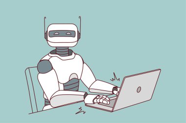 Robot ofiste bilgisayarla çalışıyor. Dizüstü bilgisayarda modern insansı yazı. Yapay zeka konsepti. İş yerinde robot asistanı. Vektör illüstrasyonu. 