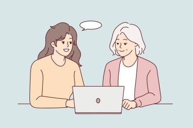 Gülümseyen genç kadın, yaşlı bayana modern dizüstü bilgisayarda yardım ediyor. Mutlu yetişkin kız ve olgun anne birlikte bilgisayar kullanıyor. Teknoloji ve yaşlı insanlar. Vektör illüstrasyonu. 
