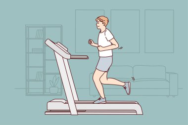 Spor giyimli genç bir adam evdeki yarış pistinde koşuyor. Tonlarca motivasyonu olan erkek kapalı alanda spor eğitimi alıyor. Fiziksel aktivite. Vektör illüstrasyonu. 