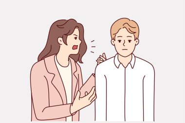 Sinir bozucu kadın bıkkın kocasına bağırıyor. Öfkeli çılgın eş, cahil adama bağırıp çağırır. İlişki sorunları. Vektör illüstrasyonu. 