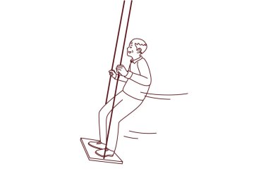 Mutlu enerjik yaşlı adam salıncakta eğlen olgunluğun tadını çıkar. Gülümseyen olgun büyükbaba dışarıda sallanıyor emeklilik maaşında faaliyet ve enerji gösteriyor. Vektör illüstrasyonu. 