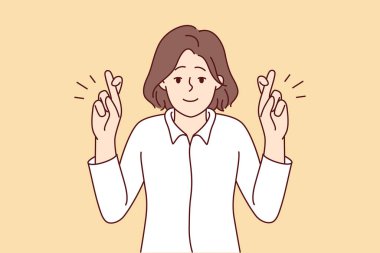 Gülümseyen genç bir kadın dilek tutar. Mutlu kadın el hareketi en iyisini ister ya da umut eder. Vektör illüstrasyonu.