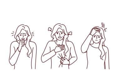 Sağlıksız kadın covid-19 semptomlarından muzdarip. Koronavirüsten muzdarip bir kız öksürük ve nefes darlığı çekiyor. Vektör illüstrasyonu. 