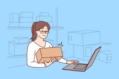 Depoda çalışan gülümseyen kadın emirler veriyor. Depodaki paketlerle meşgul olan mutlu bayan çalışan. Vektör illüstrasyonu. 