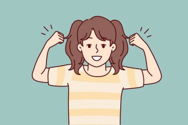 Sevimli küçük kız güçlü ve güçlü kaslarını gösteriyor. Gülümseyen genç kız çocuğu güç ve güç gösteriyor. Vektör illüstrasyonu. 