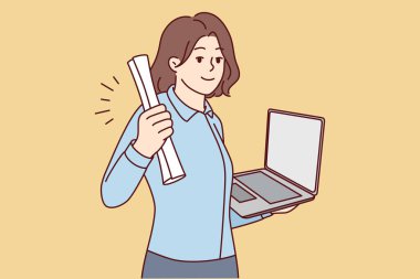 Elinde diploma ve dizüstü bilgisayarla gülümseyen genç bir kadın üniversiteden online olarak mezun olmuş. Üniversite mezuniyetinden heyecanlanan mutlu kız öğrenci. Vektör illüstrasyonu. 