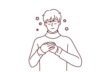 Göğsünde elleri olan mutlu genç adam olumlu ve iyimser hissediyor. Gülümseyen adam zihinsel sağlığın ve iyileşmenin tadını çıkarıyor. Vektör illüstrasyonu. 