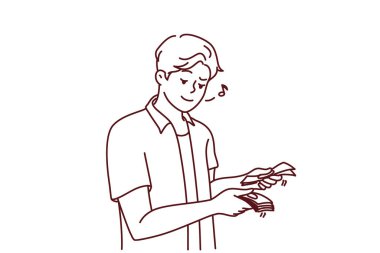 Mutlu genç adam elinde para sayıyor. Dolar banknotları olan gülümseyen adam terfi ya da gelirle heyecanlanıyor. Vektör illüstrasyonu. 