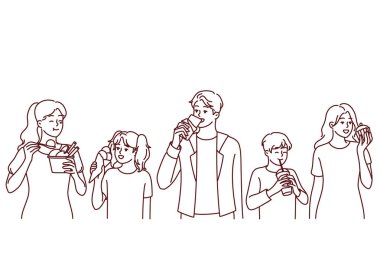 Farklı insanlar farklı yemekler yiyor. Mutlu yetişkinler ve çocuklar lezzetli ürünlerin tadını çıkarırlar. Beslenme ve diyet. Vektör illüstrasyonu. 