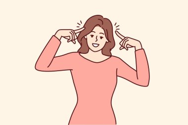 Gülümseyen kadın kendini başarılı ve kendinden emin hissederek işaret ediyor. Kafasında parmakları olan mutlu kadın şovu fikirler üretir. Vektör illüstrasyonu. 