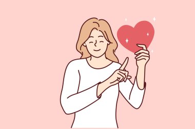 Genç ve mutlu bir kadın parmaklarıyla kalp gösterisi yapıp bağış ya da hayır yatırımı ister. Gülümseyen kız ellerindeki aşk sembolünü işaret ediyor. Şefkat ve ilgi. Vektör illüstrasyonu. 