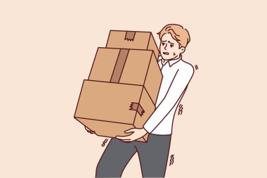 Bir yığın kutu taşıyan yorgun genç adam. Karton paketleri olan tükenmiş bir erkek taşıyıcı. Teslimat konsepti. Vektör illüstrasyonu. 