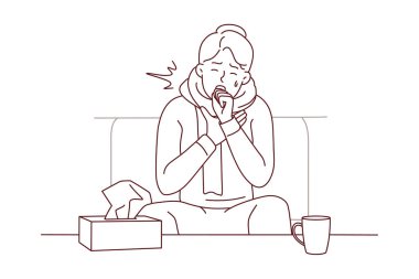 Sağlıksız genç adam evinde kanepede oturur ve kovid 19 semptomlarıyla mücadele eder. Hasta adam kötü öksürüyor ve hapşırıyor. Vektör illüstrasyonu. 