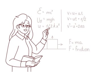 Siyahların yanında durup derste konuşan gülümseyen kadın öğretmen. Öğrenciler için matematik dersi veren mutlu kadın öğretmen. Eğitim. Vektör illüstrasyonu. 