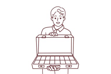 Gülümseyen genç adam içinde dolar banknotları olan çantayı tutuyor. Para dolu çantası olan mutlu zengin bir erkek. Mali istikrar ve refah. Vektör illüstrasyonu.