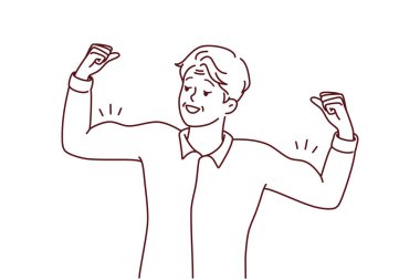 Yaşlı adam kaslarını çalıştırıyor ve egzersiz yapıyor. Gülümseyen olgun erkek, iyi bir fiziksel şeklin spor yaşam tarzını izlediğini gösterir. Vektör illüstrasyonu.