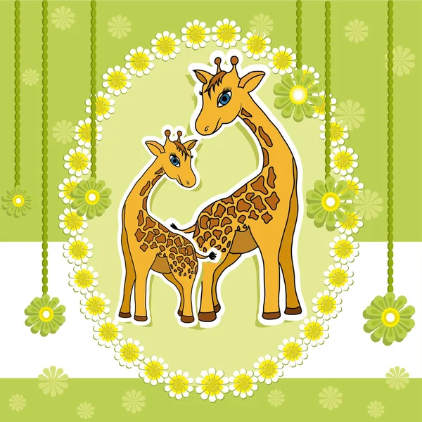 Baby karta s žirafa na zeleném pozadí — Stockový vektor