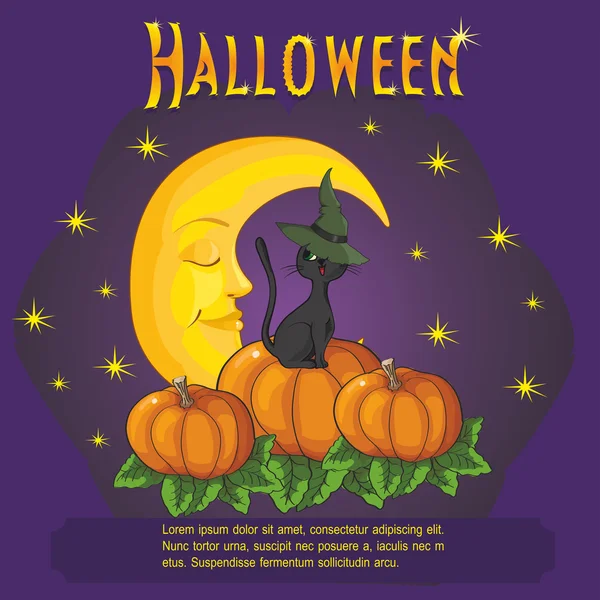 Tarjeta de Halloween para el gato y la calabaza — Vector de stock