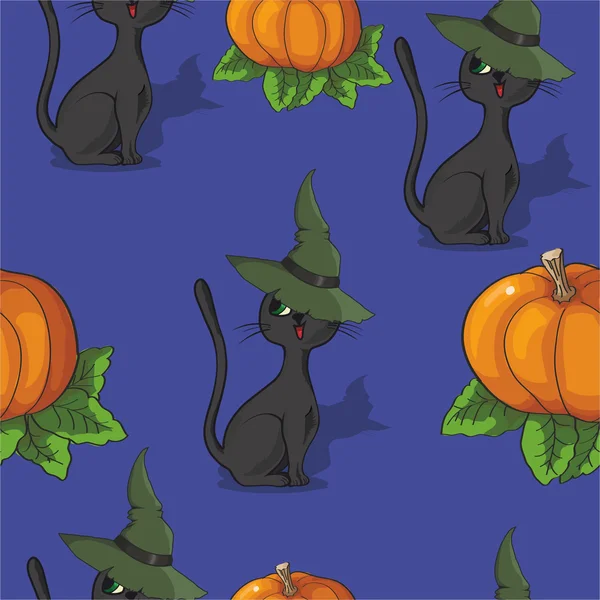 Muster mit Katze im Hut zu Halloween auf lila Hintergrund — Stockvektor