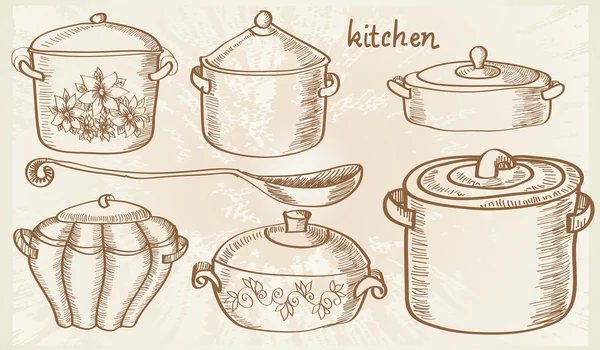 Boceto con ollas para cocinar — Archivo Imágenes Vectoriales