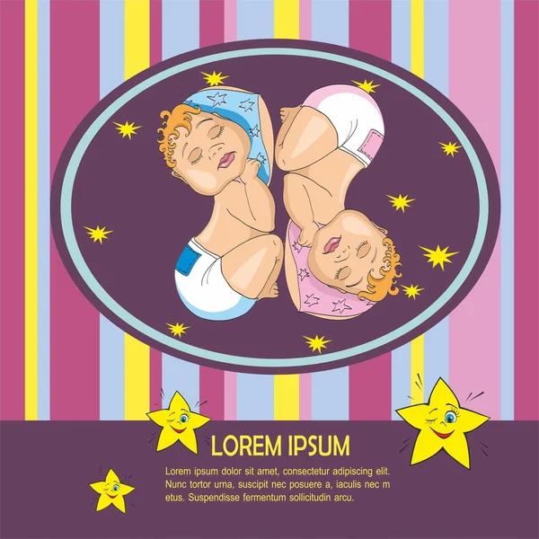 Tarjeta de bebé con gemelos dormidos — Archivo Imágenes Vectoriales