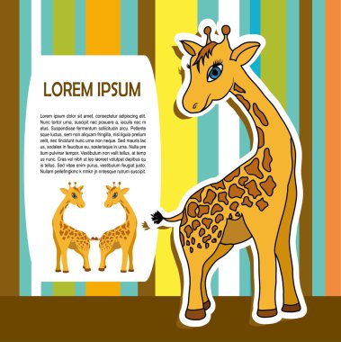 Çizgili arka planda zürafa olan bebek kartı..