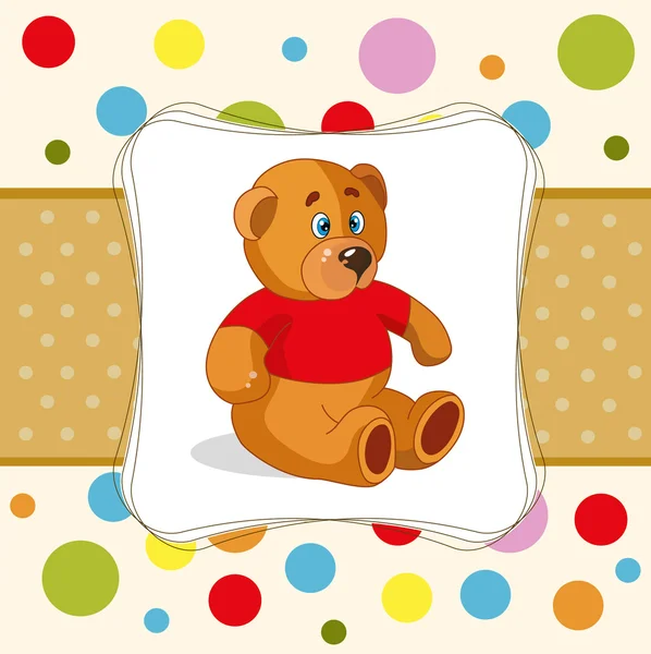 Kaart van de baby met teddybeer en gekleurde stippen. — Stockvector