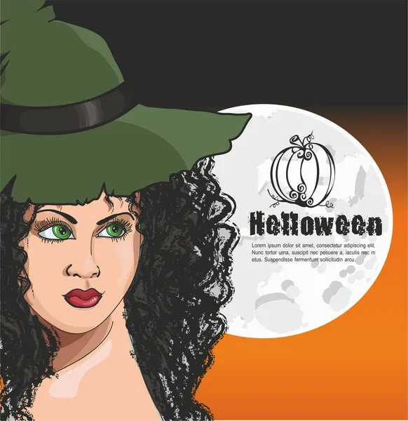 Kaart voor halloween met een heks in een hoed — Stockvector