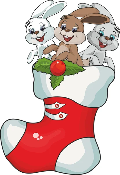 Christmas boot with rabbits — Stock Vector