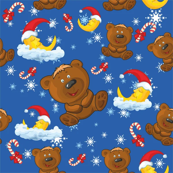 Christmas pattern with moon and teddy bear — Stock Vector