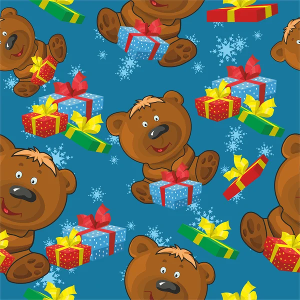 テディー ・ ベアとプレゼントをクリスマスのパターン — ストックベクタ