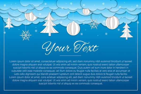 Mavi arka planı ve Noel baloları ve Noel ağacı gibi 3 boyutlu nesneleri olan bir Noel kartı..
