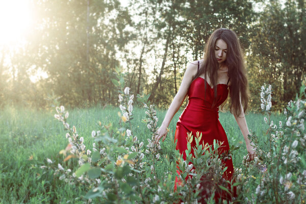 Girl in red dress with white fluffy flowers