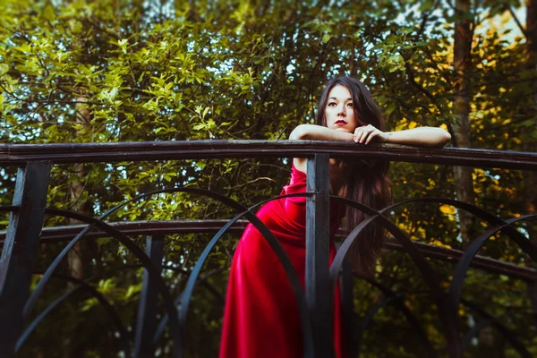 Menina bonita de pé na ponte — Fotografia de Stock