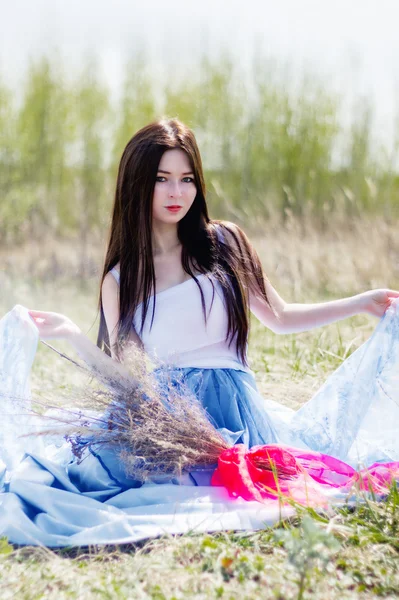 Giovane bella ragazza seduta nel campo di primavera — Foto Stock