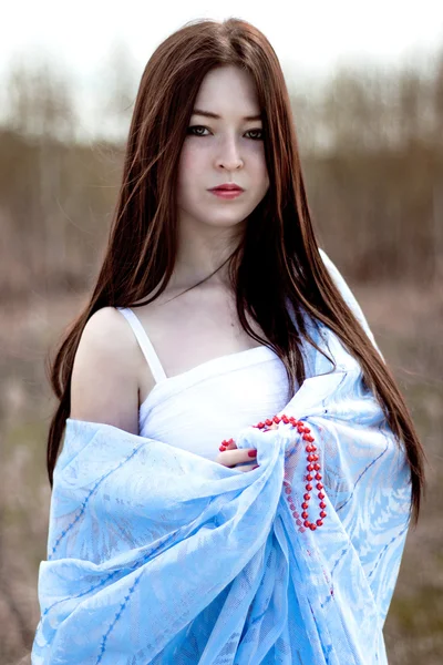 Retrato de una hermosa joven con el pelo largo en tela azul — Foto de Stock