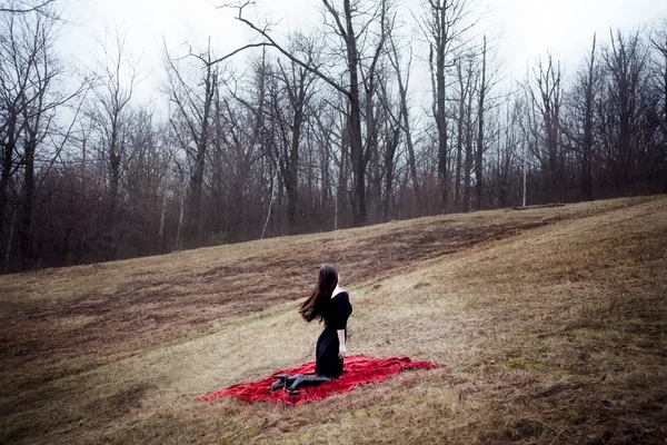 Mulher de vestido preto e cabelos longos sentado no tapete vermelho na floresta fria — Fotografia de Stock