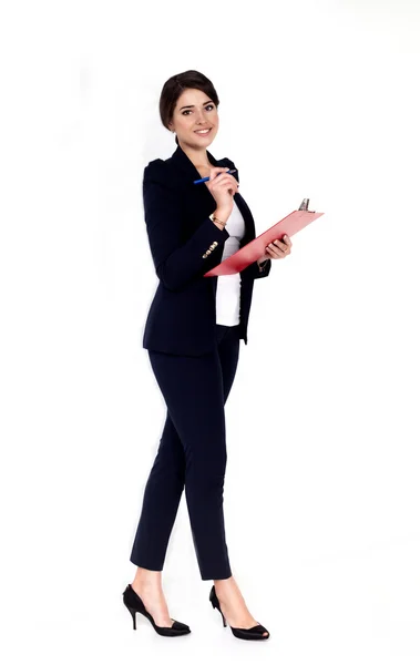 Happy successful business woman with red folder — Stock Photo, Image