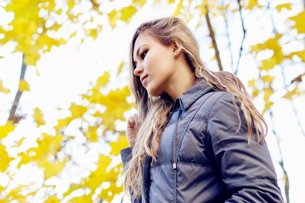 Vackra unga kvinnan på gula hösten lämnar bakgrund — Stockfoto