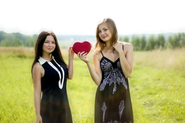Two pretty women with red heart in sunshine summer field — Stock Photo, Image